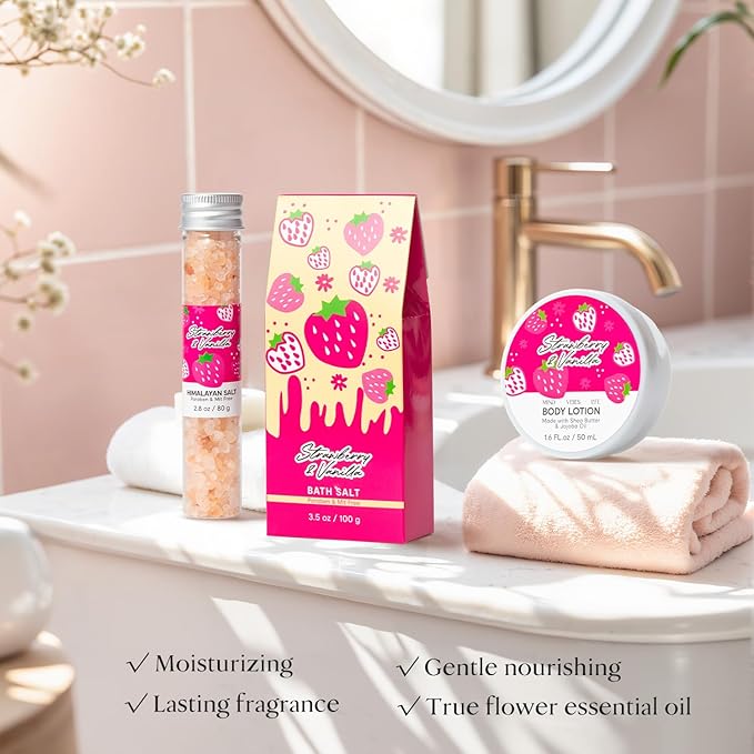 Mother's Day Gifts Spa kit for Women, Unique Gift Set for Teen Girls Tote Bag, 13pcs Strawberry Shower Gift Baskets for girls beauty fruity bath products Birthday Gifts for Daughter, Girlfriend