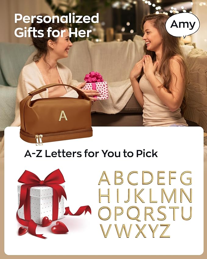 Birthday Gifts for Women 30s, Personalized Makeup Bag with Handle, Initial Double Layer Cosmetic Bag with Makeup Brush Organizer, Cute Cosmetic Pouch for Women, Gifts for Friends Female Mom