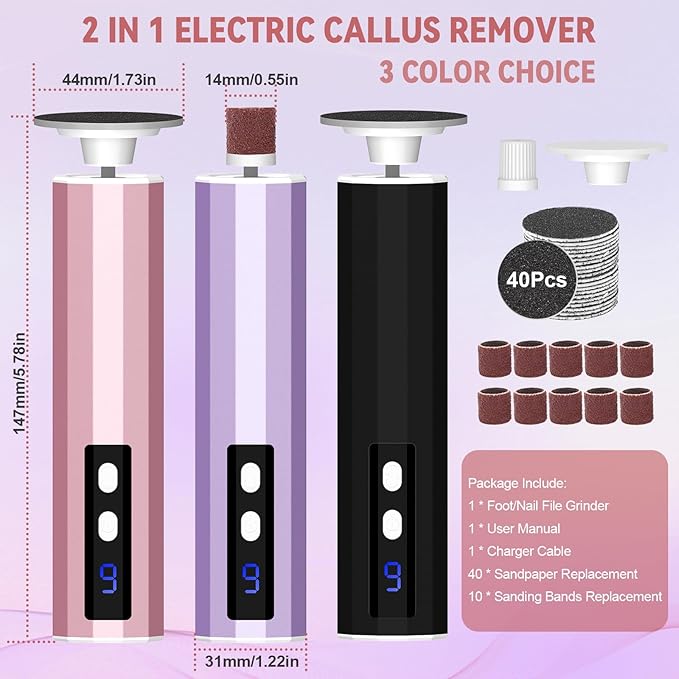 Electric Foot Callus Remover, 2-in-1 Electric Foot Filer/Nail Filer, Callus Remover for Feet with 40Pcs+10Pcs Sandpaper Discs, Professional Pedi Feet Care Perfect for Dead Skin Calluses Gift 【Pink】