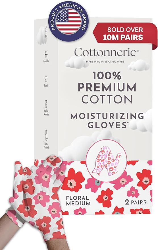 Cotton Gloves for Dry Hands Sleeping, Moisturizing Gloves Overnight, Hand Moisturizer Gloves, Moisture Gloves for Dry Hands Overnight, Eczema Gloves, Medium 2 Pair, Floral