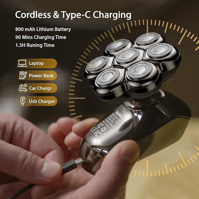 Head Shavers for Bald Men, Wyklaus Detachable Head Shavers 5-in-1 Electric Razor IPX7 Waterproof Dry Wet Shaving for Men Women,7D Rotary Shaver Grooming Kit with LED Display, USB Rechargeable