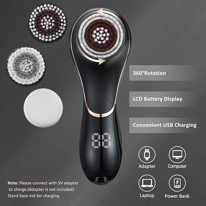 Facial Cleansing Brush Face Scrubber Exfoliator Rechargeable IPX7 Waterproof Electric Spin Cleanser Device for Exfoliating, Massaging and Deep Cleansing Removing Blackhead, Face Massaging