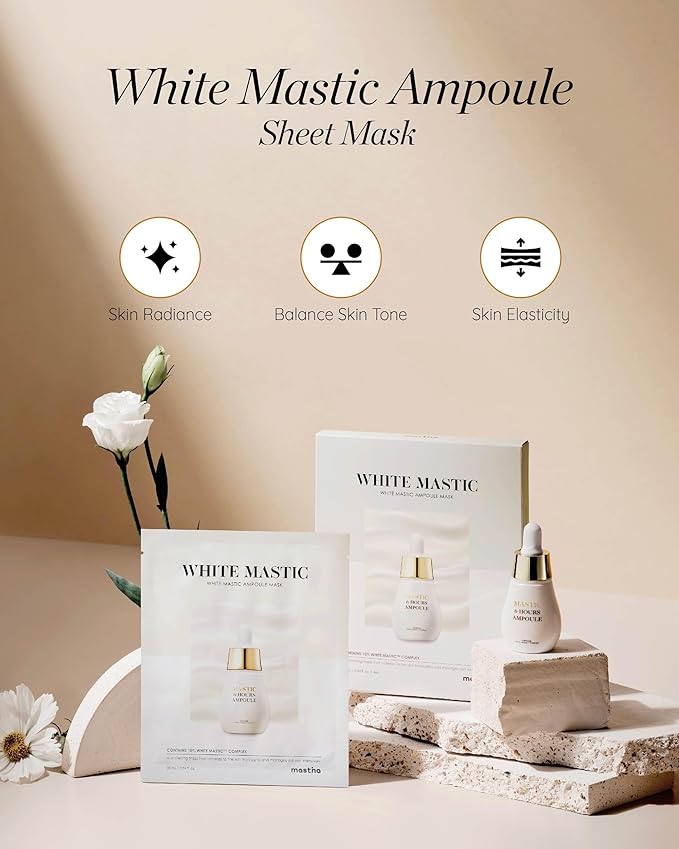 MASTINA White Mastic Ampoule Sheet Mask (4pc) Illuminating, Radiance-Boosting. Ultra-Moisturizing Facial Mask. Intensive Korean Skin Care. Fermented Mastic Gum