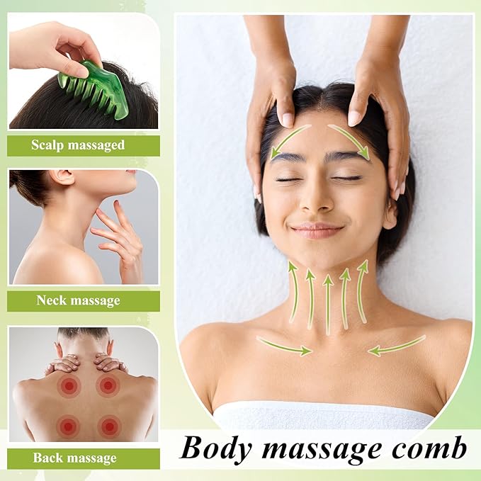 Hercicy 4 Pcs Jade Eye Mask and Hair Comb Set Green Jade Stone Eye Mask White Facial Cooling Set Guasha Scalp Comb Facial Massage Tool for Relax Alleviate Puffiness Esthetician Supplies