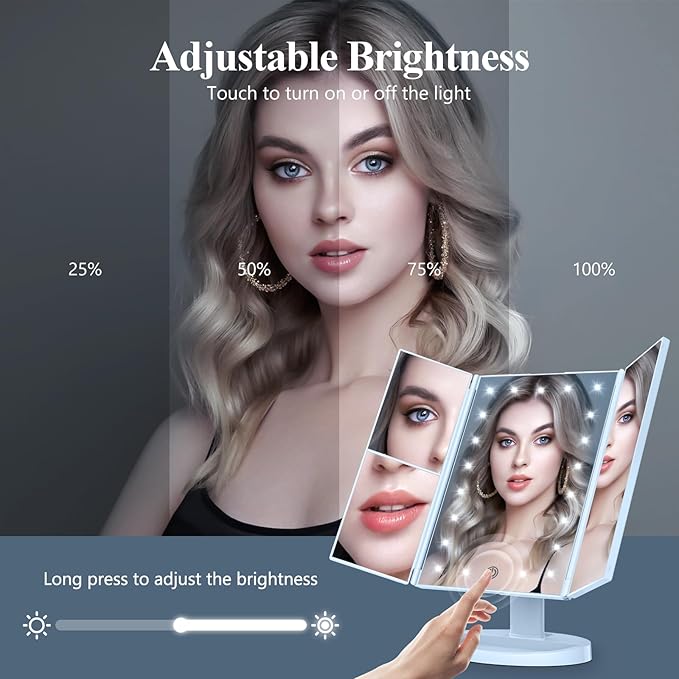 HUONUL Makeup Mirror Vanity with Lights, 2X 3X 10X Magnification, Lighted Mirror, Touch Control, Trifold Dual Power Supply, Portable LED Women Gift (Blue)
