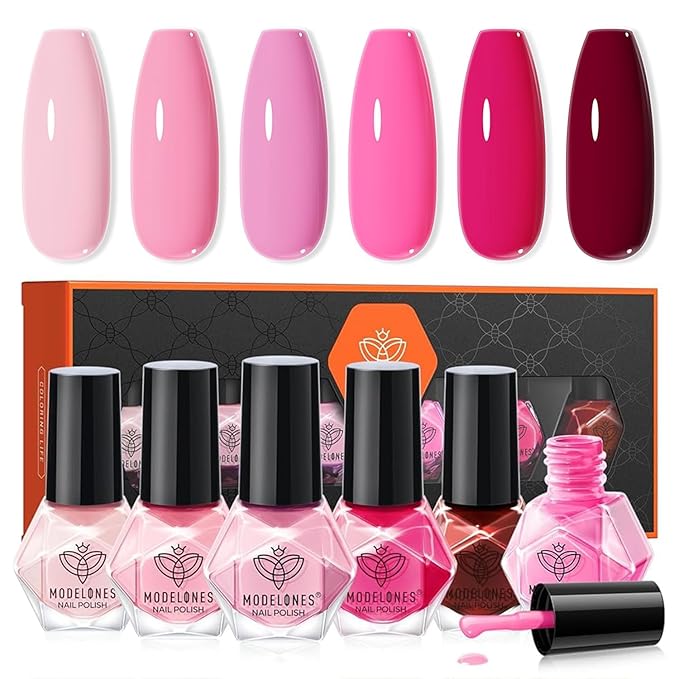 modelones Pink Nail Polish 6 Colors Hot Pink Tones Neon Shades Magenta Light Soft to Dark 2025 Spring Summer Nail Art Design for Women Girl Nail Lovers Valentine's Day Gift Salon DIY Manicure Kit