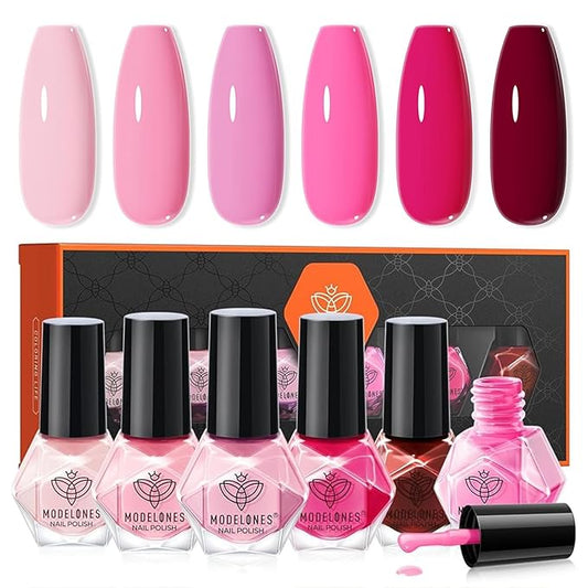 modelones Pink Nail Polish 6 Colors Hot Pink Tones Neon Shades Magenta Light Soft to Dark 2025 Spring Summer Nail Art Design for Women Girl Nail Lovers Valentine's Day Gift Salon DIY Manicure Kit