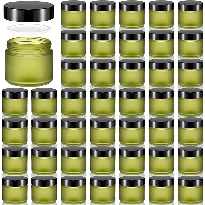 Domensi 48 Pcs 2 oz Glass Jars with Lids Travel Size Round Leakproof Empty Cosmetic Jars with Inner Liners Lid for Storing Makeup Lotions Face Cream Ointments Candle DIY Making (Pea Green)