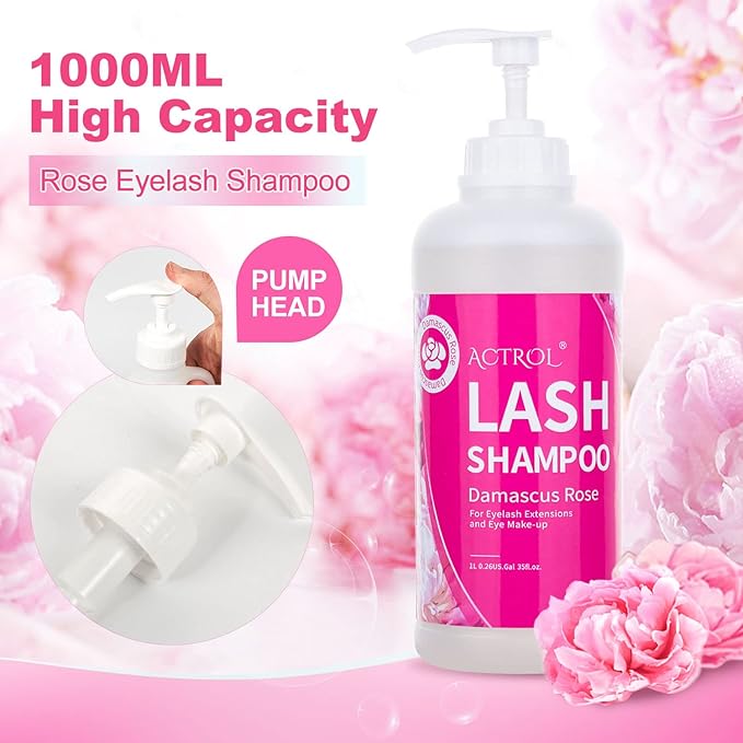 Eyelash Extension Cleanser Rose 1L Natural Lash Extension Shampoo Professional Eyelid Foaming Cleanser Paraben & Sulfate Free Non-lrritating with Salon and Home Care