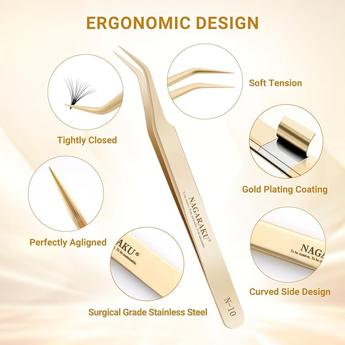 NAGARAKU Tweezers for Eyelash Extensions Curved Lash Tweezers for Volume Lashes Precision Pinzas Professional Easy Fanning Stainless Steel Precise Pointy Make Fans for Lashes Fanning(N-10)