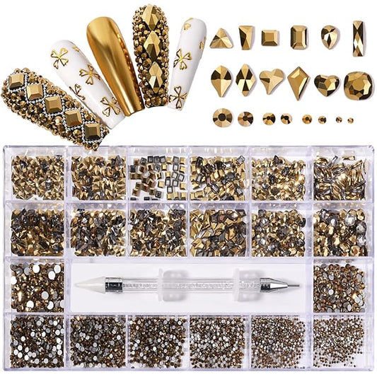 12 Types of Mine Gold 600 Diamonds + 2500 Flat Rhinestones Mix 20 Styles Flatback DIY Crafts Rhinestone Crystals 3D Decorations Flat Back Stones Set + Rhinestone Picker Wax Pen