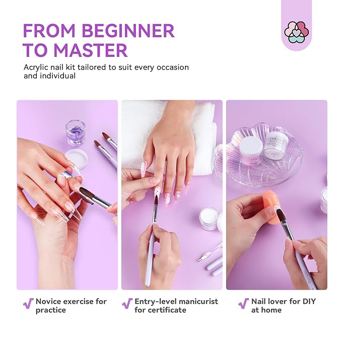 SAVILAND Acrylic Nail Kit with Everything for Beginners: Clear White Pink Acrylic Powder and Liquid Set with Acrylic Brush Nail Dehydrator and Primer Professional Acrylic Nail Set Starter Kit Home DIY