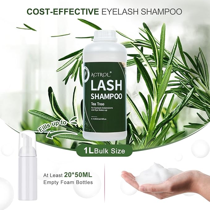 Eyelash Extension Cleanser Tea Tree 1L Natural Lash Extension Shampoo Professional Eyelid Foaming Cleanser Paraben & Sulfate Free Non-lrritating with Salon and Home Care