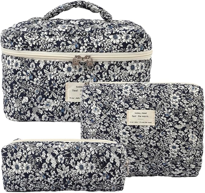 Makeup Bag, 3 PCS Quilted Makeup Bag, Cute Floral Cotton Cosmetic Bag set, Coquette Makeup Pouch Large Travel Toiletry Bag