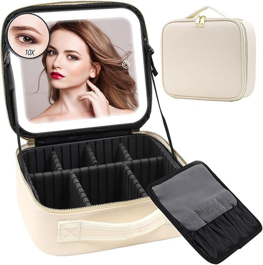 Travel Makeup Bag Cosmetic Bag Make up Organizer Bag with Large Lighted Mirror 3 Color Modes Adjustable Brightness, Waterproof PU Leather Makeup Travel Case Makeup Train Case Toiletry Gift Accessories