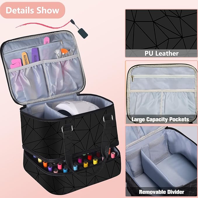 Nail Polish Organizer Hold 42+ Bottles Nail Polish & Nail Lamp, Nail Storage Case Double-Layer Nail Bag Holder with Sturdy Handle(Black)