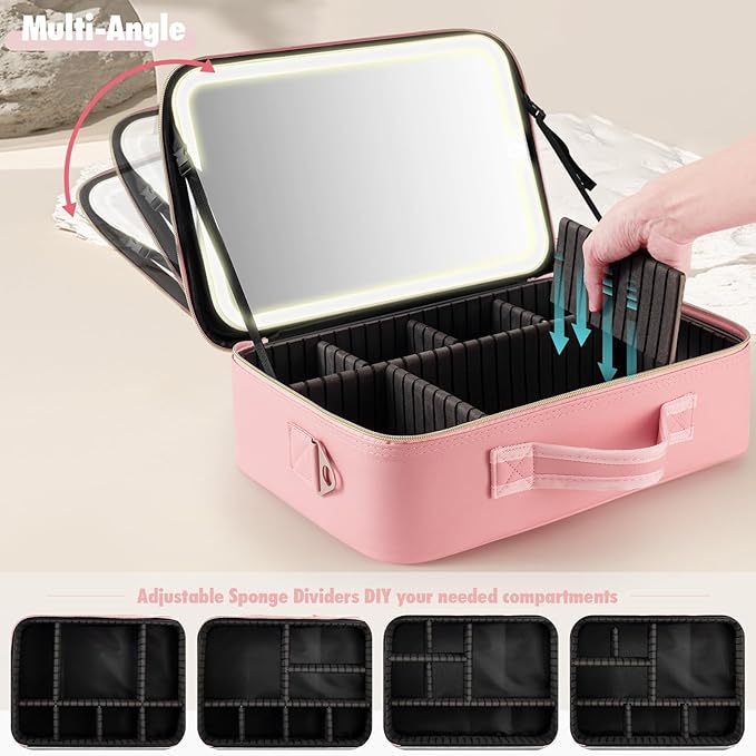 15''X11'' Large Makeup Bag with Removable Lighted Mirror, Professional Travel Makeup Train Case PU Leather Cosmetic Make up Organizer with Adjustable Dividers & Brush Storage Board