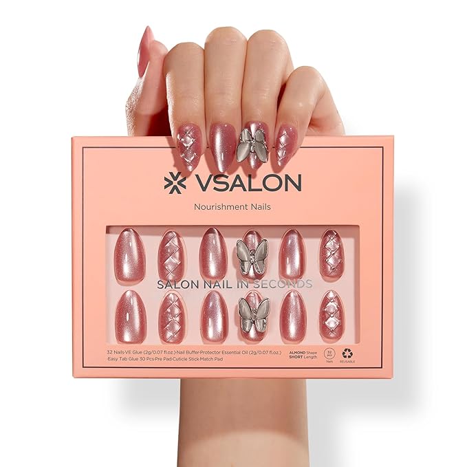 VSALON Short Almond Press-On Nails - Pink Cat Eye 3D Chrome Design, Reusable Fake Nails with Nail Glue, Protector Cuticle Oil, Easy Tabs & Mini Nail File - 32 PCS in 16 Sizes (Belle Ailes)