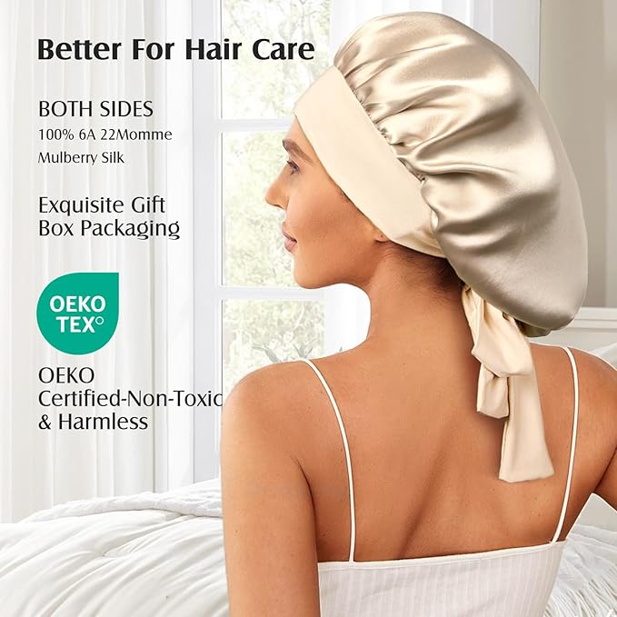 YFONG 100% 22 Momme Mulberry Silk Bonnet for Sleeping Women, Larger Double Layer Silk Hair Wrap for Curly Short Long Hair, Non-Slip Sleep Cap Turban with Elastic Tie Band for Hair Care, Champagne