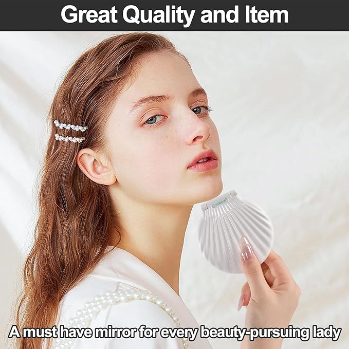 Shell Compact Mirror with Light, 2X / 10x Magnifying Travel Mirror with Light, Small Pocket Mirror, 2-Sided, Folding, Handheld, Dimmable Led Mirror, Unique Gift, White