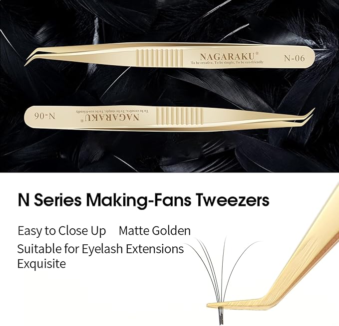 NAGARAKU Gold Tweezers for Eyelash Extensions Curved Angled Volume Cluster Super Light Weight Easy Fanning Tweezers Stainless Steel Precision (N-06)