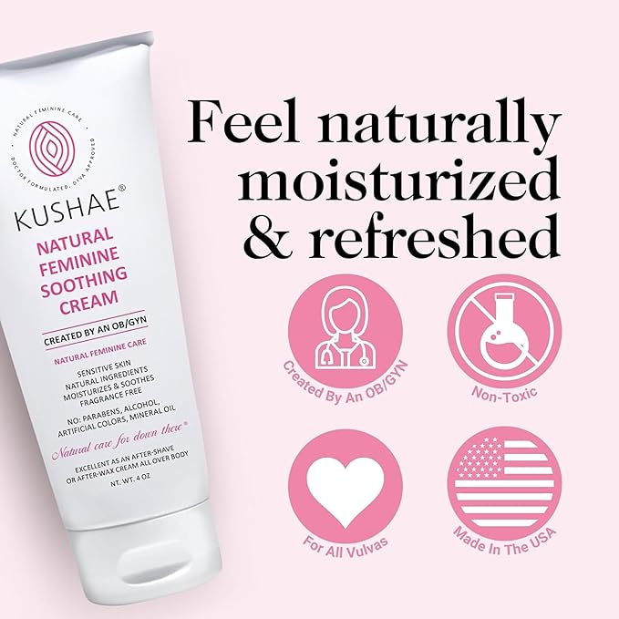 Kushae Feminine Soothing After Shave Cream - OB/GYN Made, Natural, Fragrance Free, Aloe-Based, pH Balanced Intimate Moisturizer for Women 4oz