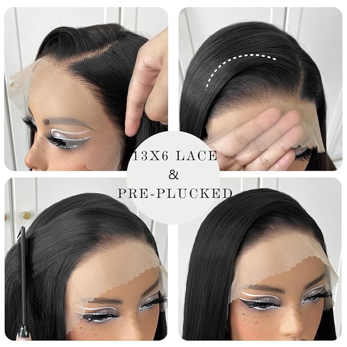 13x6 Long Straight Lace Front Wigs Natural Black Glueless Straight Hair Lace Front Wig Pre Plucked Yaki Synthetic HD Lace Front Wig 32inch