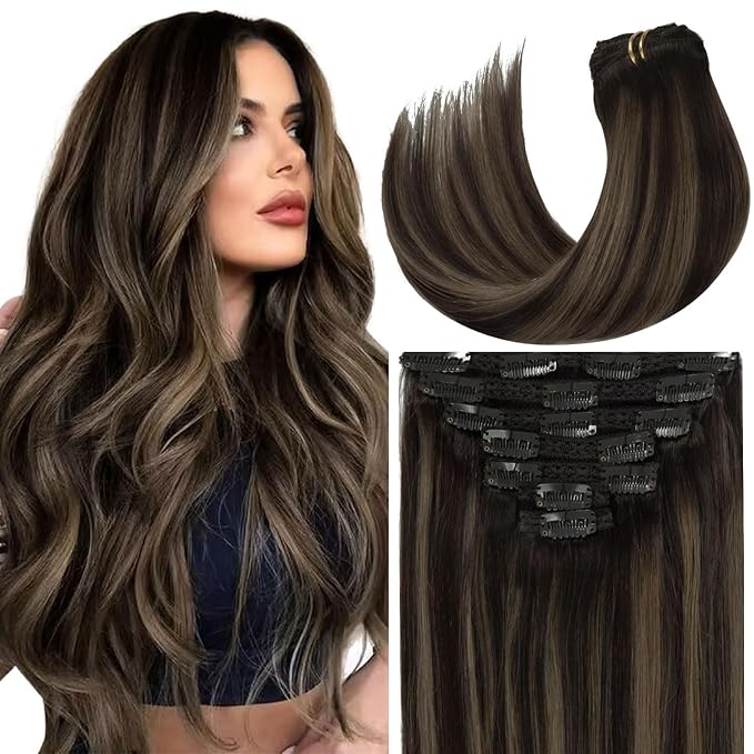 Loxxy Straight Clip in Hair Extensions Real Human Hair for Black Woman 16Inch Omber Natural Black Ombre To Chestnut Brown Natural Hair Extensions Clip ins R1B-1B/6A 120g 7pcs 16clips