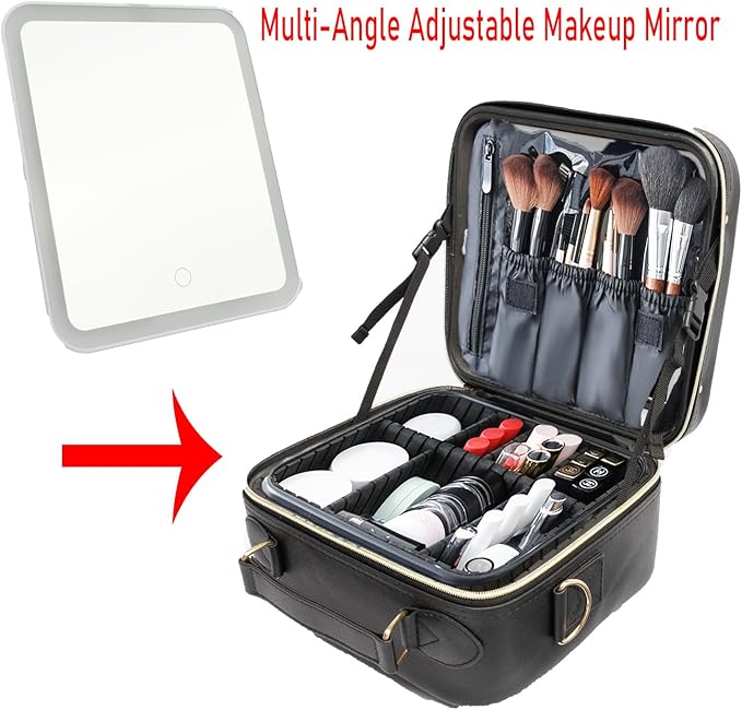Travel Makeup Bag with LED Lighted，Make up Case with Mirror 3 Color Setting Cosmetic Makeup Box Organizer Vanity Case with Adjustable Dividers Makeup Brushes for Women Beauty Tools Accessories.