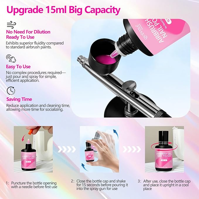 QUEVINA 16 Colors Airbrush Gel Nail Polish Set – Safe, Odorless Formula for Stunning Baby Boomer Nail Art – No Dilution Needed, Long-Lasting & Vibrant Shades 16X15ml