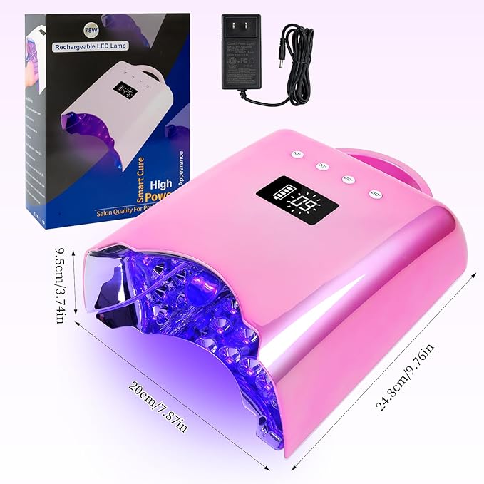 Professional UV LED Nail Lamp, Cordless Rechargeable UV Light for Gel Nails, 78W Fast Curing Gel Nail Light with 4 Timer Setting LCD Display, Auto Sensor and Spacious Interior(Metallic Pink)