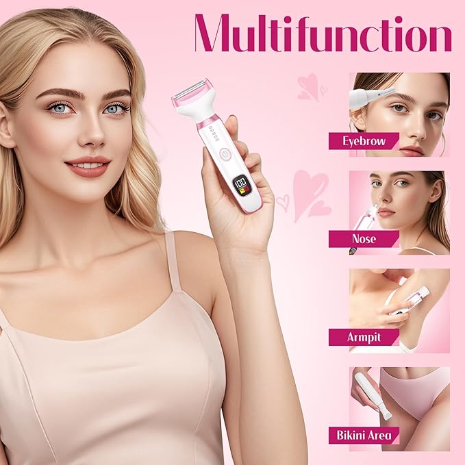 Electric Razors for Women Legs, 5 in1 Electric Shaver for Women, Bikini Trimmer with LED Display, Rechargeble Facial and Body Hair Remover for Face Nose Eyebrow Arms Armpit Legs Pubic Area (Pink)