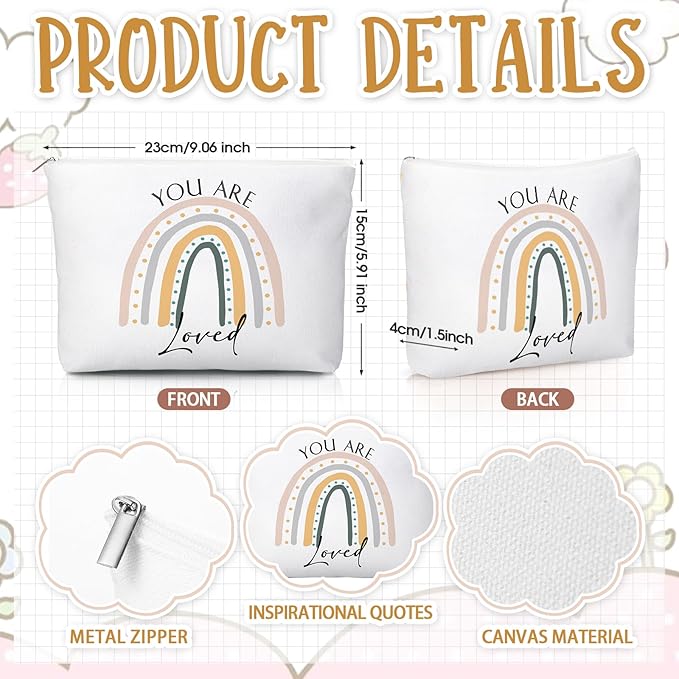 20 Pcs Employee Appreciation Gifts 10 Inspirational Canvas Makeup Bags 10 Compact Mirrors Bulk Cosmetic Bags Round Portable Pocket Mirror Thank You Gifts for Women (Rainbow)