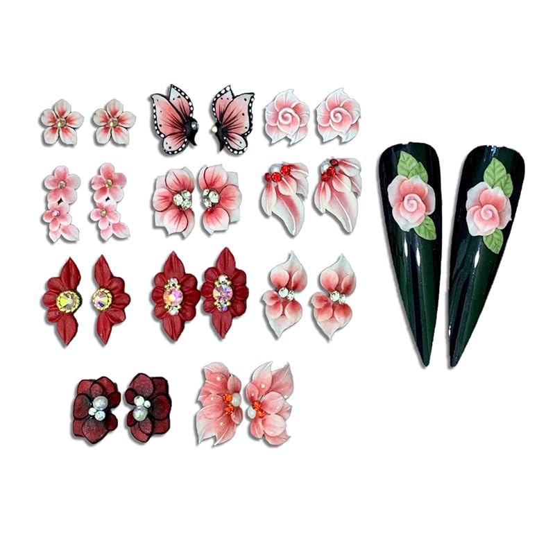 3D Acrylic Red Flower Nail Art Charms Handmade by Acrylic Powder - 24pcs Flowers Nail Rhinestones Kit 3D Crystal Nail Pearls Design Acrylic Nail Art for Women (Red)