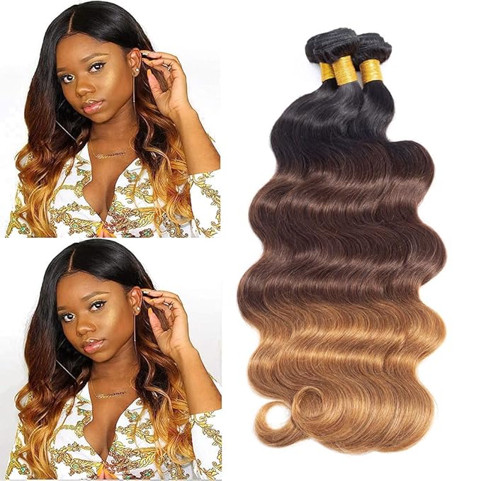 Ombre Body Wave Bundles Brazilian Virgin Human Hair Bundles Ombre Human Hair Extensions 3 Tone Mixed 1B/4/30 Color (14 16 18) Ombre Bundles Body Wave 3 Bundles