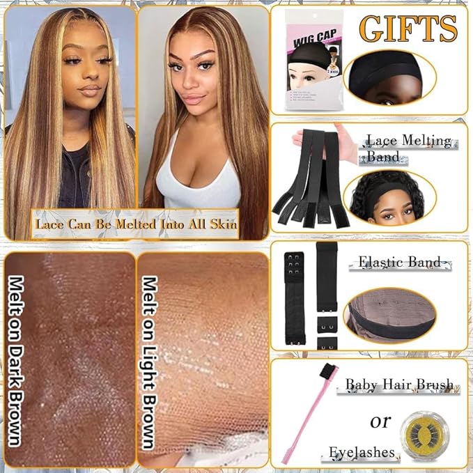 Azkiu 28Inch Highlight Ombre Lace Front Wig Human Hair Pre Plucked 13x4 HD Transparent 4/27 Honey Blonde lace frontal Wigs with Baby Hair 180% Density Colored Straight Lace Front wig Human Hair