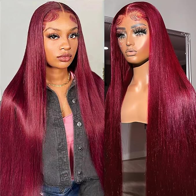 30 Inch 99j Burgundy Lace Front Wigs Human Hair 200% Density 13x4 Straight Lace Front Wigs Human Hair Pre Plucked Red Colored Wigs for Women 13x4 Glueless Lace Frontal Wig