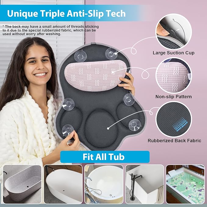 Luxury Bath Pillows for Tub – Extra Thick Non-Slip Bathtub Pillow with Rubber Back, Head & Neck Support for Soaking, Spa Bath Accessories, for Women, Fits All Bathtubs (Gray)