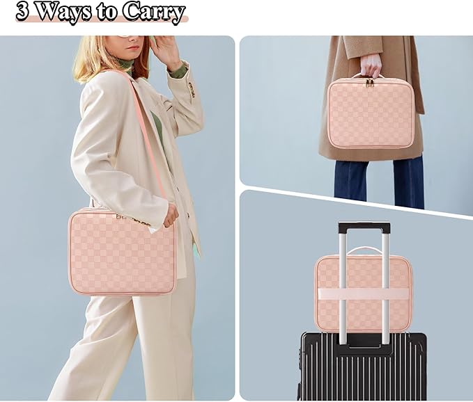 Travel Makeup Bag With LED Mirror - 3 Color Setting Cosmetic Box Organizer Vanity Case for Women Beauty Tools Accessories - Rechargeable (Pink, Middle)