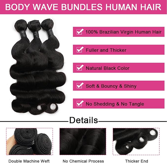 Body Wave Bundles Human Hair 14 16 18 Inch 100% Unprocessed Raw Vietnamese Human Hair Bundles Body Weave 3 Bundles Remy Virgin Hair Bundles Natural Black Color