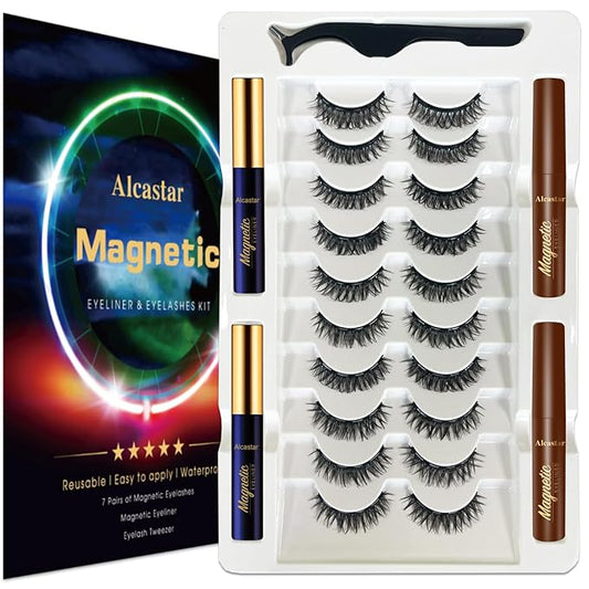 Alcastar Magnetic Eyelashes with Eyeliner Kit,Natural Magnetic Eyelash,Water, proof Reusable Long Lasting, Easy Apply (Fluffy-DH0601)