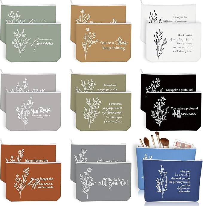 Sieral 20 Pcs Canvas Makeup Bags Bulk Inspirational Cosmetic Bag Pouch with Zipper for Women Employee Appreciation Thank You Gifts for Volunteer Teacher Nurse Assistant Mom Gifts(Boho Flower)