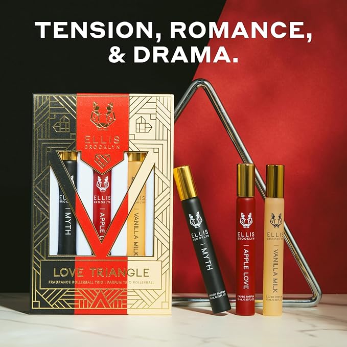 Ellis Brooklyn LOVE TRIANGLE Rollerball Trio - Clean Perfume for Women, APPLE LOVE, VANILLA MILK, MYTH Rollerball Perfume Travel Size Perfume Gift Set