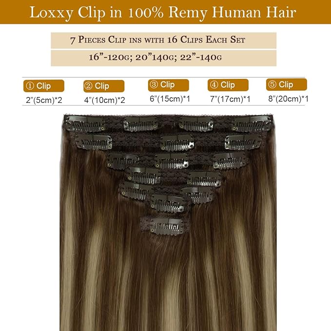 Loxxy Clip Hair Extensions Human Hair 16inch Ombre Hair Extensions Straight Chocolate Brown Mix Honey Blonde Remy Clip in Extension Human Hair Full Head for Beautiful Women Gift 120G 16clips