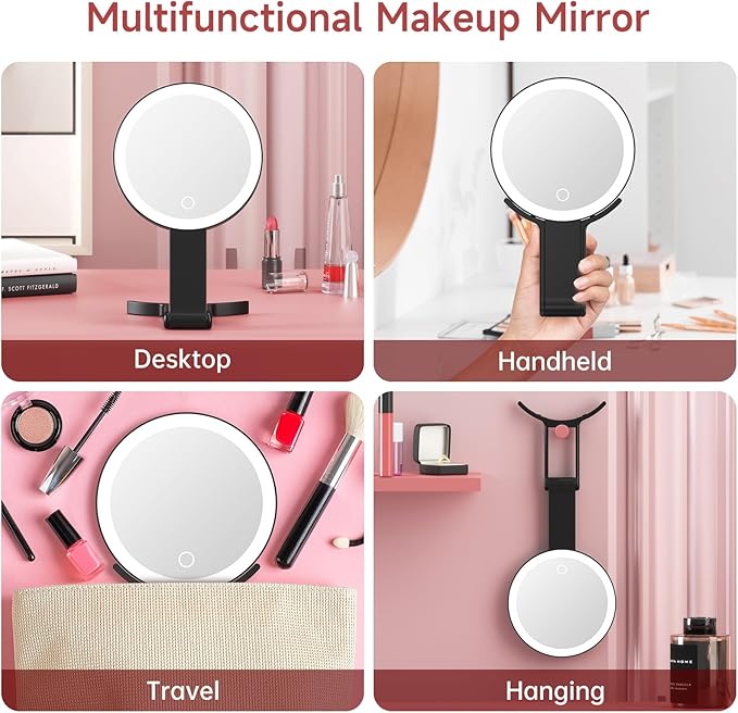 Alovely Travel Makeup Mirror with Lights, Portable Mirror 2-Sided 10X /1X Magnifying Mirror with Light, Travel Mirror with Lights and Magnification, 3 Color Lighting, Dimmable Touch Screen Handhold