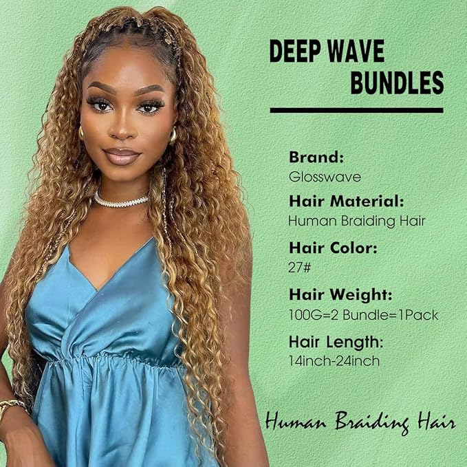 Deep Wave Bulk Human Braiding Hair 100g 14 Inch 2 Bundles Blonde Human Braid Hair for Boho Braids No Weft Color 27 Curly Brazilian Braiding Hair Extensions for Micro Braid