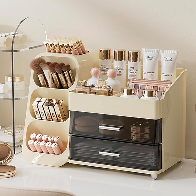Aveniee Makeup Organizer with Drawers, Large Bathroom Countertop Storage for Vanity, Cosmetic & Skincare Display Case for Brushes, Perfumes, Lipsticks (Cream White)
