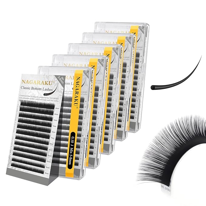 NAGARAKU 5 Trays Bottom Eyelash Extensions Individual Lashes Classic Single Matte Black Soft Natural Faux Mink False Lashes 12 rows Professional Beauty Salon Lashes Supplies -0.10mm J Curl 5-8mm Mix