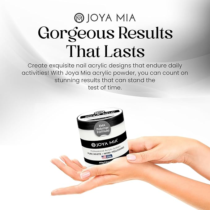 Joya Mia Acrylic Powder for Nails, MMA-Free, Super Adhesion Professional Powder for Flawless & Long-Lasting Nail Enhancements, Easy Application, Vibrant & Stunning Colors - Pure White, 16 oz