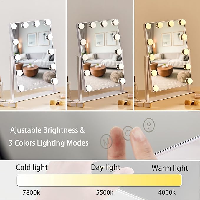 HIEEY Hollywood Vanity Mirror with 12 Dimmable Bulbs Lights, Three Color Lighting Modes, and 5X Magnification, Smart Touch Control, 360°Rotation (White,Gift Box)